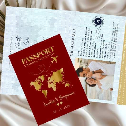 Faux Gold Airplane Passport Destination Wedding Einladung