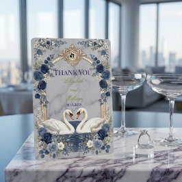 Faux Gold Arch Navy Blue Swan Marble Effect Dankeskarte