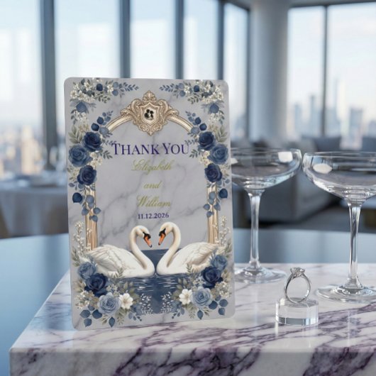 Faux Gold Arch Navy Blue Swan Marble Effect Dankeskarte