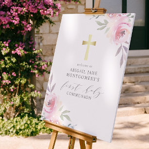 Faux Gold Cross & Flowers First Holy Communion Poster