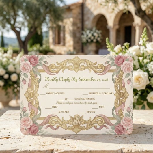 Faux Gold Foil Baroque Rococo Floral RSVP Karte