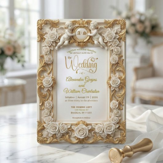 Faux Gold Foil Embossed Style Baroque Monogram Einladung