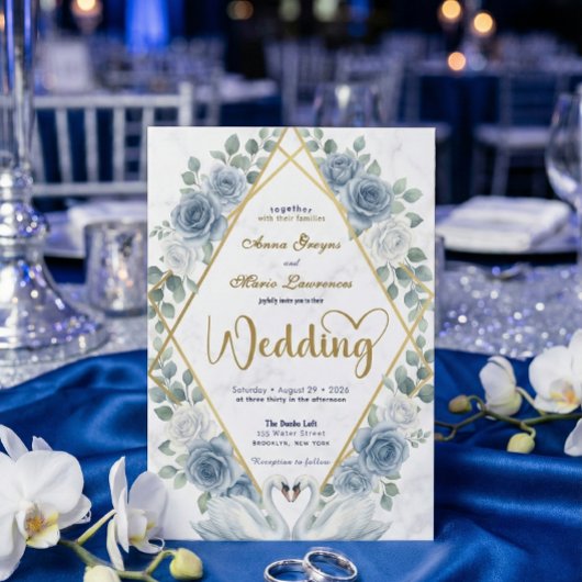 Faux Gold Foil Geometric Marble Blue Floral Einladung