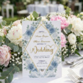 Faux Gold Foil Geometric Marble Blue Floral Einladung