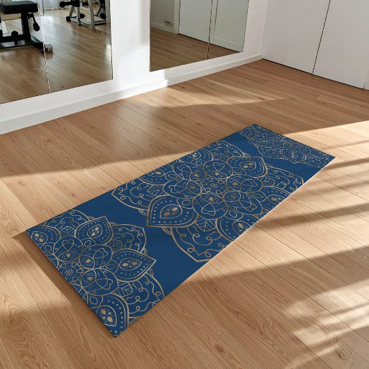 Faux Gold Foil On Dark Blue Decorative Mandala Yogamatte