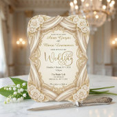 Faux Gold Foil Ornate Frame Printed Satin Wedding  Einladung