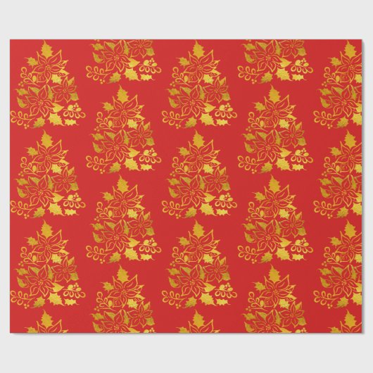 Faux Gold Foil Poinsettias Christmas Trees Geschenkpapier (Flach)