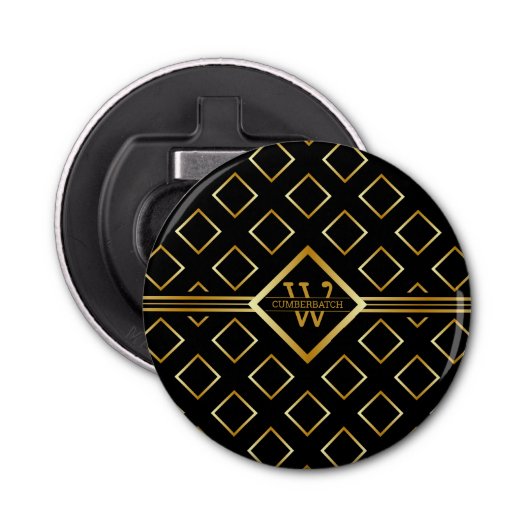 FAUX Gold Geometric Pattern with Monogram on BLACK Flaschenöffner (Vorderseite)