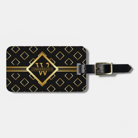 FAUX Gold Geometric Pattern with Monogram on BLACK Gepäckanhänger (Vorderseite horizontal)