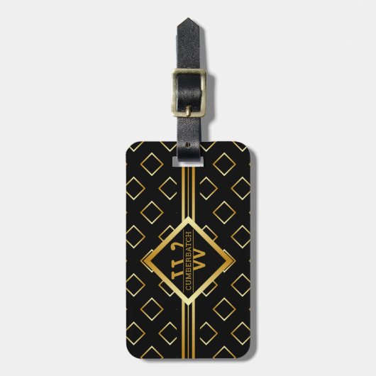 FAUX Gold Geometric Pattern with Monogram on BLACK Gepäckanhänger (Vorderseite vertikal)