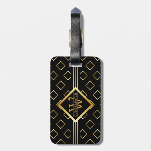 FAUX Gold Geometric Pattern with Monogram on BLACK Gepäckanhänger (Rückseite vertikal)