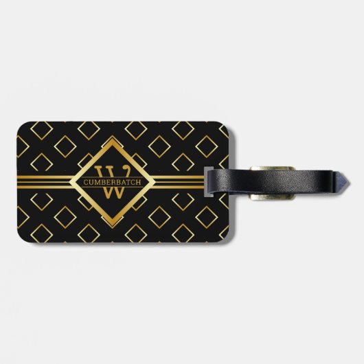 FAUX Gold Geometric Pattern with Monogram on BLACK Gepäckanhänger (Rückseite horizontal)