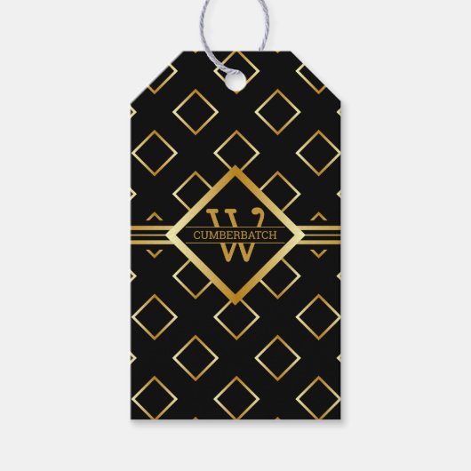 FAUX Gold Geometric Pattern with Monogram on BLACK Geschenkanhänger (Vorderseite)