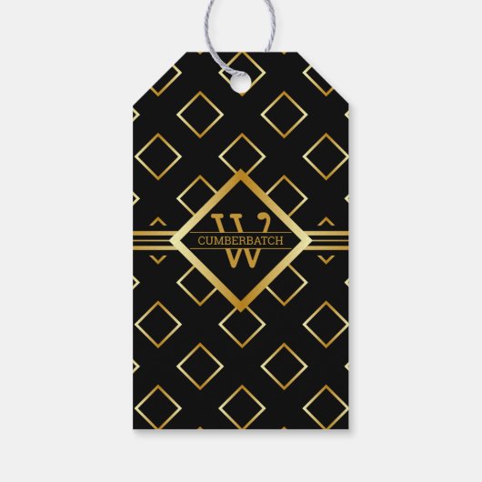 FAUX Gold Geometric Pattern with Monogram on BLACK Geschenkanhänger (Rückseite)