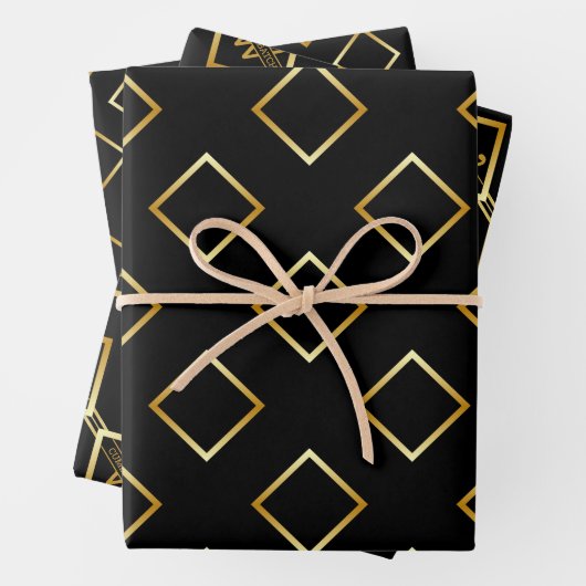 FAUX Gold Geometric Pattern with Monogram on BLACK Geschenkpapier Set (Beispiel)