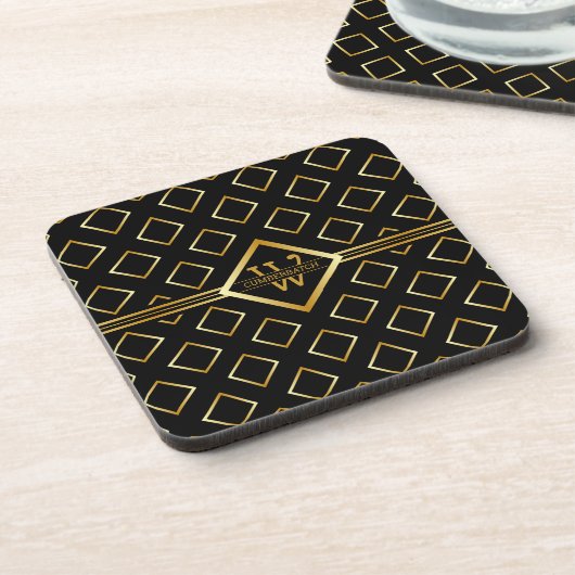 FAUX Gold Geometric Pattern with Monogram on BLACK Getränkeuntersetzer (Linke Seite)