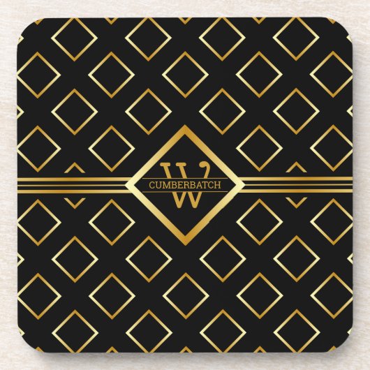 FAUX Gold Geometric Pattern with Monogram on BLACK Getränkeuntersetzer (Vorderseite)