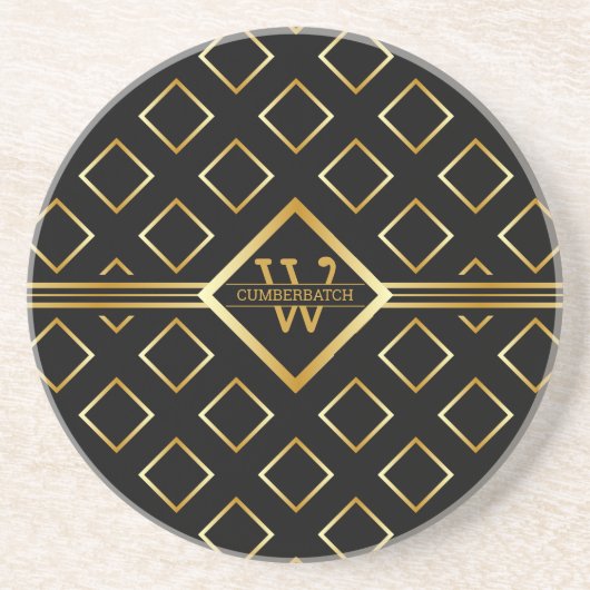 FAUX Gold Geometric Pattern with Monogram on BLACK Getränkeuntersetzer (Vorne)