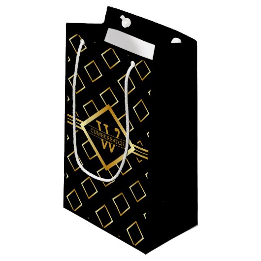 FAUX Gold Geometric Pattern with Monogram on BLACK Kleine Geschenktüte (Vorderseite Schrägansicht)