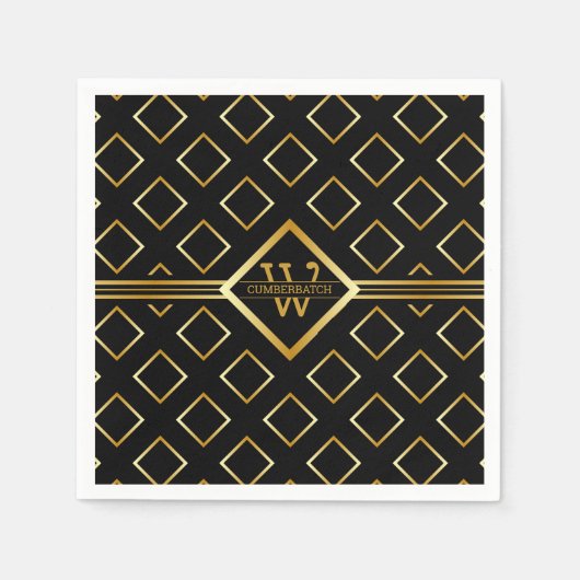FAUX Gold Geometric Pattern with Monogram on BLACK Serviette (Vorderseite)