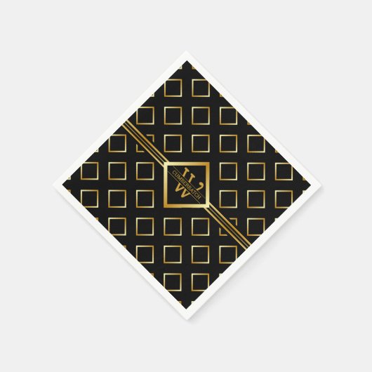 FAUX Gold Geometric Pattern with Monogram on BLACK Serviette (Ecke)