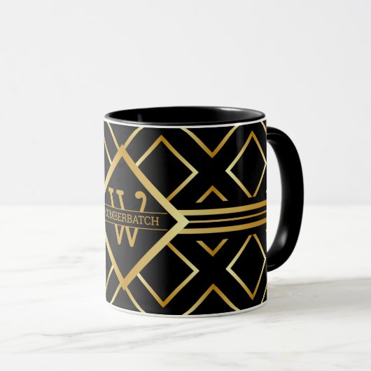 FAUX Gold Geometric Pattern with Monogram on BLACK Tasse (VorderseiteRechts)