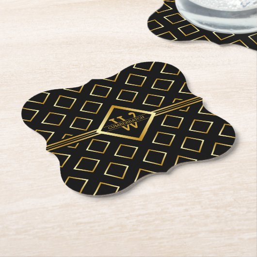FAUX Gold Geometric Pattern with Monogram on BLACK Untersetzer (angewinkelt)