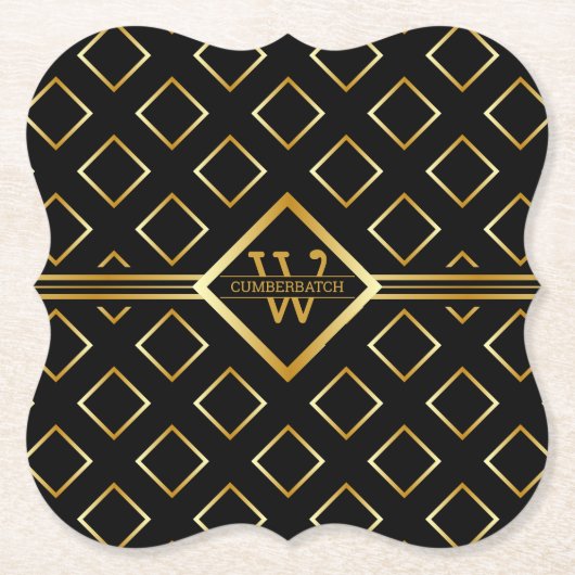 FAUX Gold Geometric Pattern with Monogram on BLACK Untersetzer (Vorderseite)