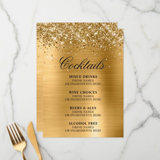 Faux Gold Glitter and Foil Cocktails Bar Menükarte (Vorderseite/Rückseite Beispiel)
