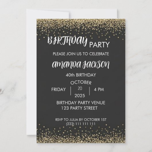 Faux Gold Glitter Black 40th Birthday Einladung (Vorderseite)