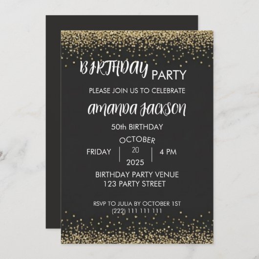 Faux Gold Glitter Black 50th Birthday Invite Einladung (Vorne/Hinten)