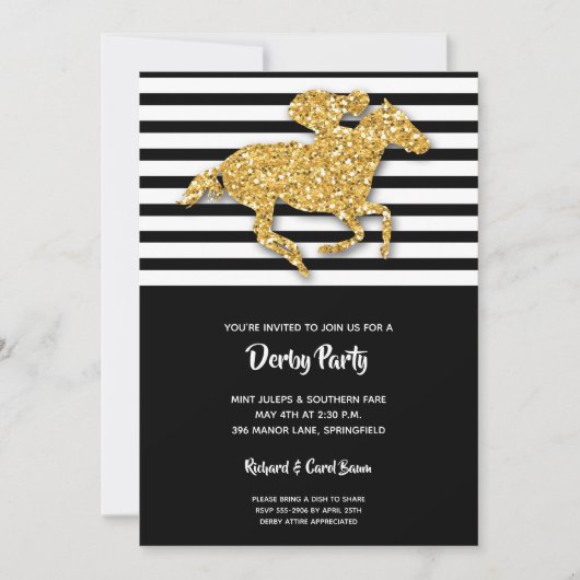 Faux Gold Glitter Horse & Stripes Derby Invitation (Vorderseite)