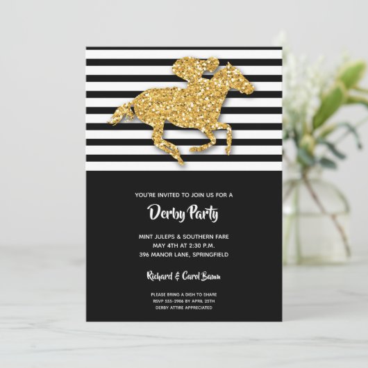 Faux Gold Glitter Horse & Stripes Derby Invitation (Stehend Vorderseite)