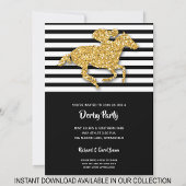 Faux Gold Glitter Horse & Stripes Derby Invitation