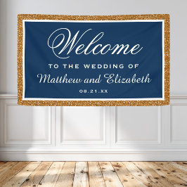 Faux Gold Glitter Navy Blue Wedding Welcome Banner