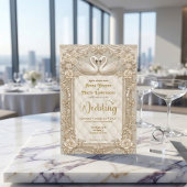 Faux Gold Quilted & Printed Pearl Rococo Swans Einladung