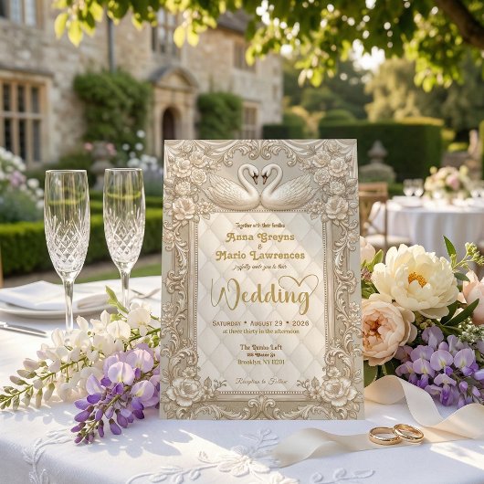 Faux Gold Quilted & Printed Pearl Rococo Swans Einladung