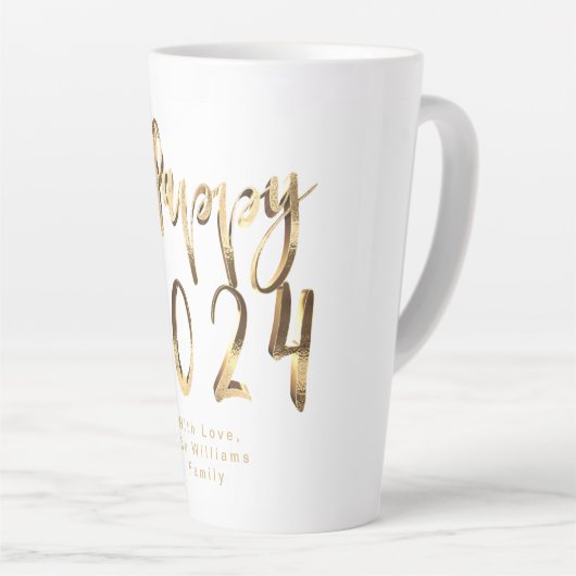 Faux Gold Script Happy 2024 New Year's Milchtasse (Rechte Ecke)