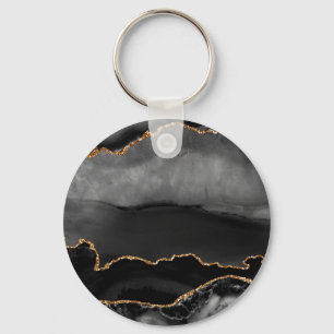 Faux Grey Marbled Agate Golden Glitter Black Stone Schlüsselanhänger