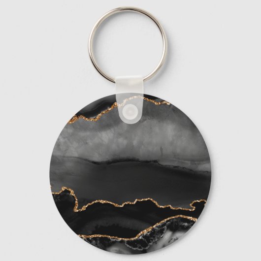 Faux Grey Marbled Agate Golden Glitter Black Stone Schlüsselanhänger (Vorderseite)
