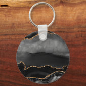 Faux Grey Marbled Agate Golden Glitter Black Stone Schlüsselanhänger (Vorderseite)