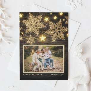 Faux-Holz-Gold-Glitter-Schneeflocken-Foto-Weihnach Feiertagskarte