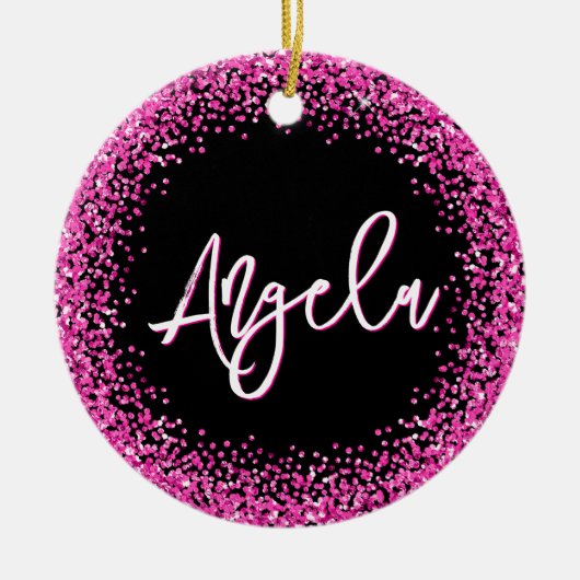 Faux Hot Pink Glitter Black Photo Keramik Ornament (Vorne)