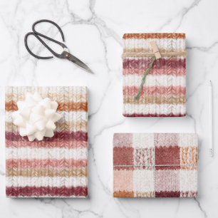 Faux Knitt Rot Pink Weiß Orange Streifen Geburtsta Geschenkpapier Set