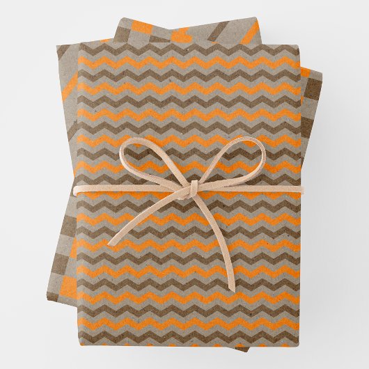 Faux Kraft Paper w/ Dark Brown & Orange Patterns Geschenkpapier Set