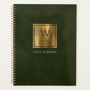 Faux-Leather-Look Dunkelgrün Gold Monogramm 2024 Planer