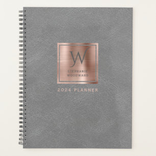 Faux-Leather-Look Grau-Roségold-Monogramm 2024 Planer