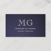 Faux-Leder Dunkelblau und Weiß Monogramm QR-Code Visitenkarte (Vorderseite)
