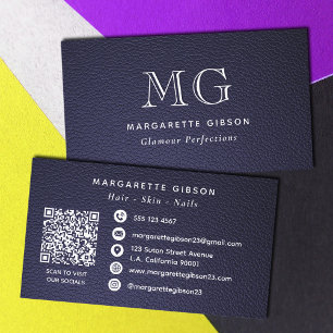 Faux-Leder Dunkelblau und Weiß Monogramm QR-Code Visitenkarte