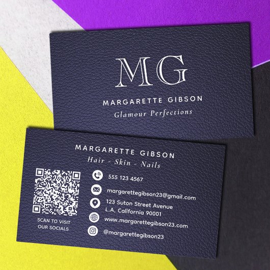 Faux-Leder Dunkelblau und Weiß Monogramm QR-Code Visitenkarte